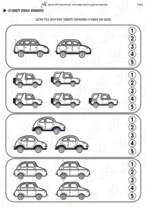 דף עבודה חשבוני התאמת כמות לספרה - מכוניות
