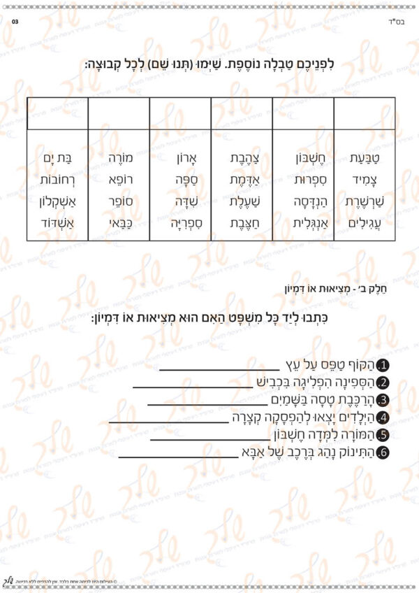 עבודה בהבנת הנקרא מיון והכללה (2)