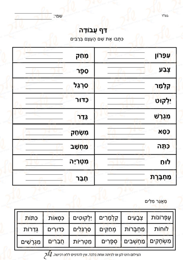 דף עבודה כתבו את שם העצם ברבים